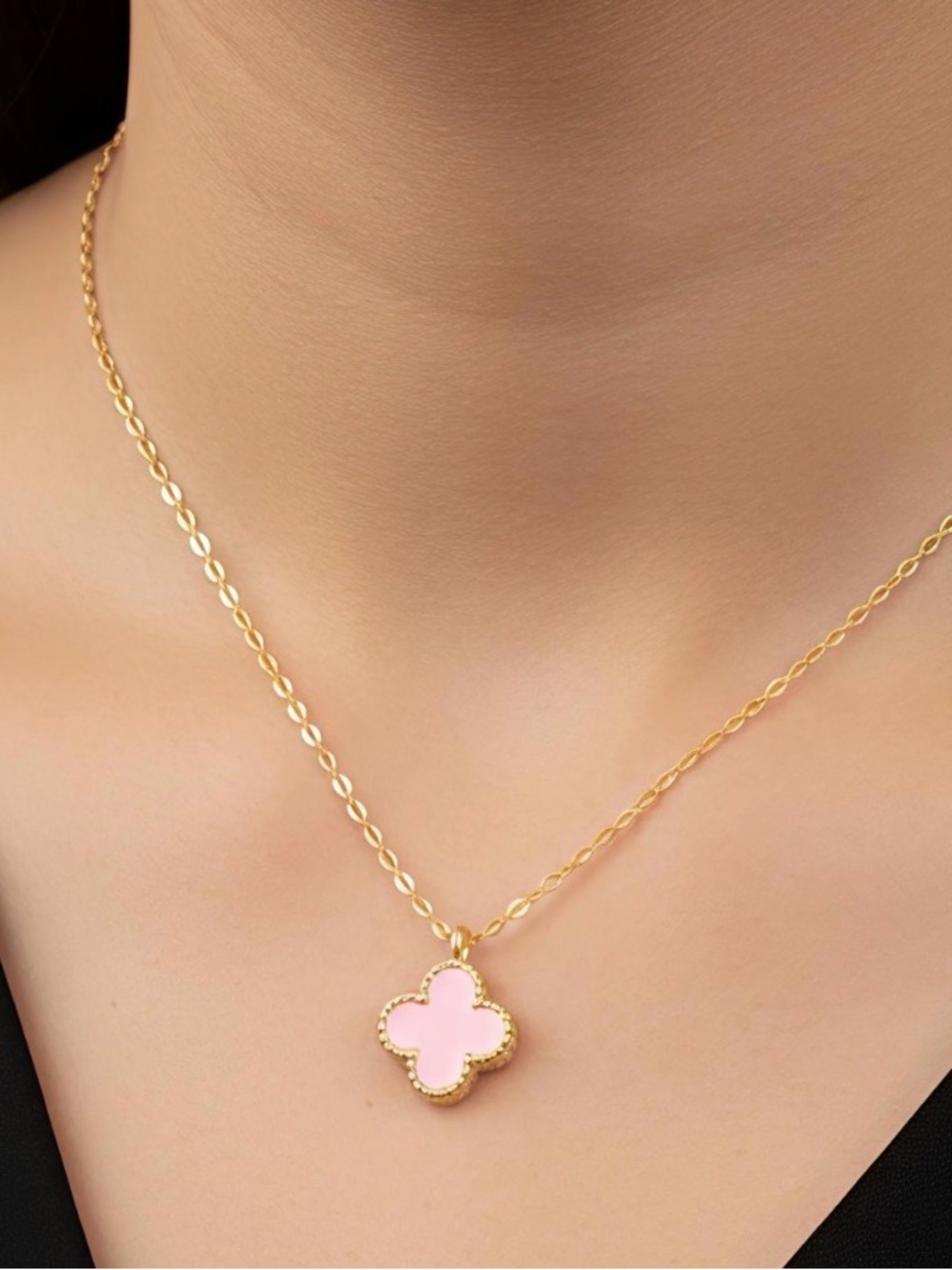 Anita Pink Clover Pendant Necklace - Gold Chain